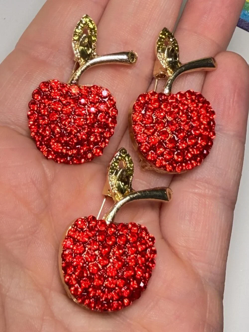 Apple Rhinestone Brooch Modern Pin Lot Gold Tone Fruit Set of 3